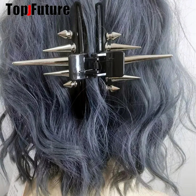 Streetwear Gothic Spike Hair Grab Punk Hip Hop Handmade Leather Buckle Chain Spike Clip Women Party Hair Accessories 250730