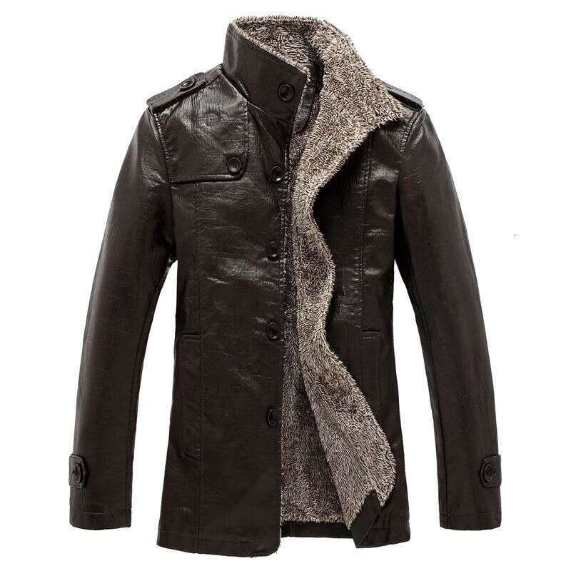 Men's Clothing Large Size Casual Fashion PU Leather Coat Stand Fur Collar Plus Veet Thickening