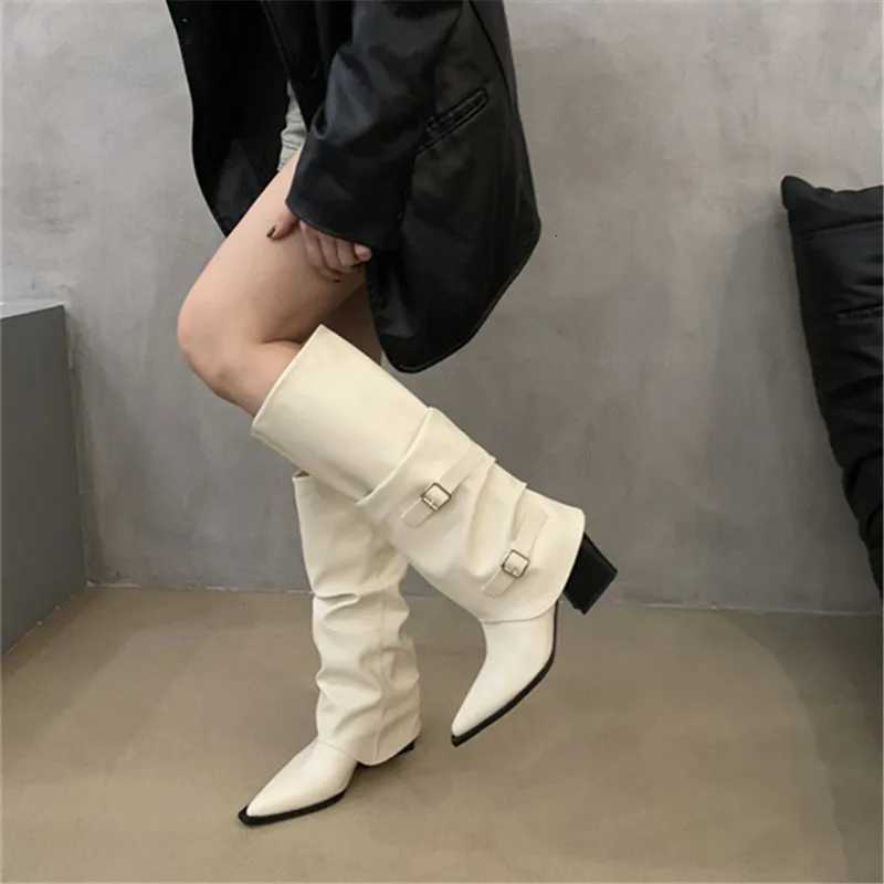 2025 Spring Autumn Pointed Toe Low Heel Punk Womens Knee-high Square Heel Lg Boots Winter Slip- Ladies Shoes Sale XJ250807