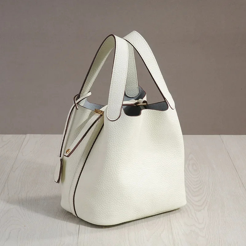 Trendy Genuine Cow Leather Lunch Bag 2024 Imported Bucket Bag Food Basket Picnic Handbag Soft Top-handle 250804