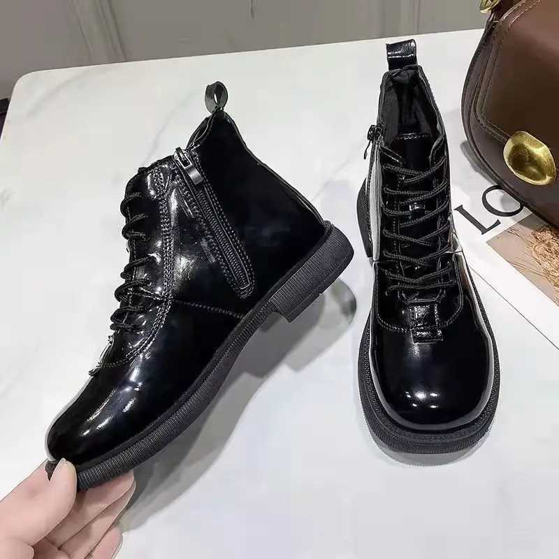 Black Short Shoes for Women Female Ankle Boots Lace-up with Laces Leather Round Toe Footwear Booties Comfortable and Elegant Y2k XJ250807