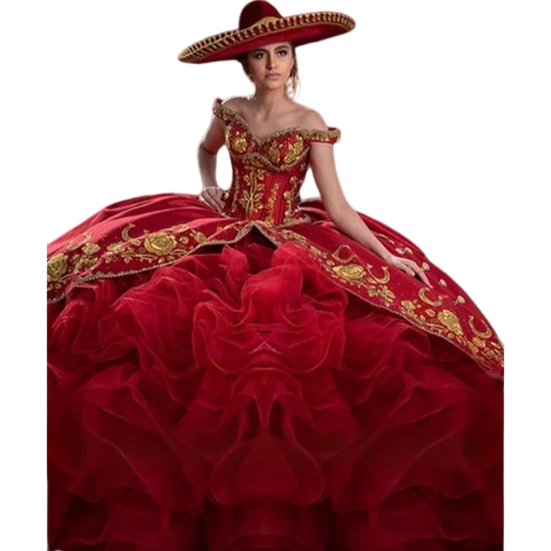 Mexican Red Ball Gown Quinceanera Dresses Bow Sweet 16 Dress Golden Embroidery Ruffles Tiers Skirt Birthday Party Wear Special Occasion