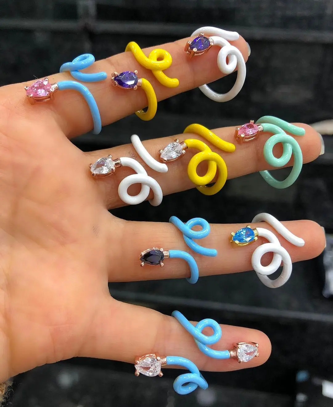 Wholesale High Quality Colorful Rainbow Jewelry Pastel Enamel The Wire Band Open Adjust Women Single Stone Ring 250730