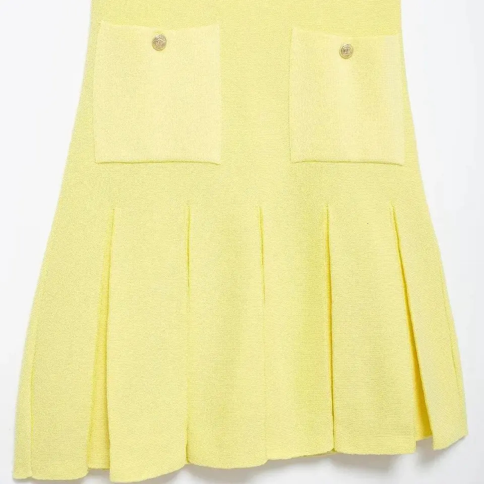 TRAFSHE Women Pale Yellow Knitted Pleated Dress Summer Fashion Pockets ONeck Sleeveless Aline Mini Official 250807