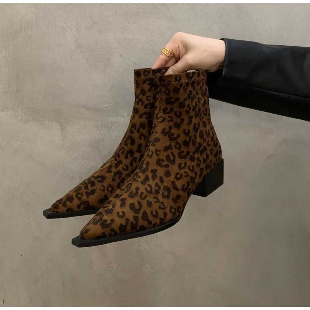 New Women Leopard Ankle Boots Pointed Toe Suede Mid Heels Shoes Woman Trend Chunky Chelsea Boots Pumps New Snow Mujer Boots XJ250807