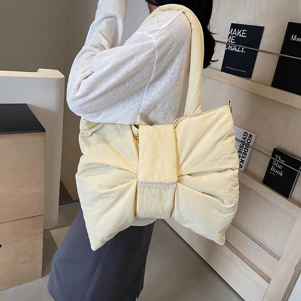 Nylon Puffer Shoulder Bag Women Bowknot Tote Bag Adjustable Strap Female Puffy Handbags Purse Causal Crossbody Messenger Bag 250807