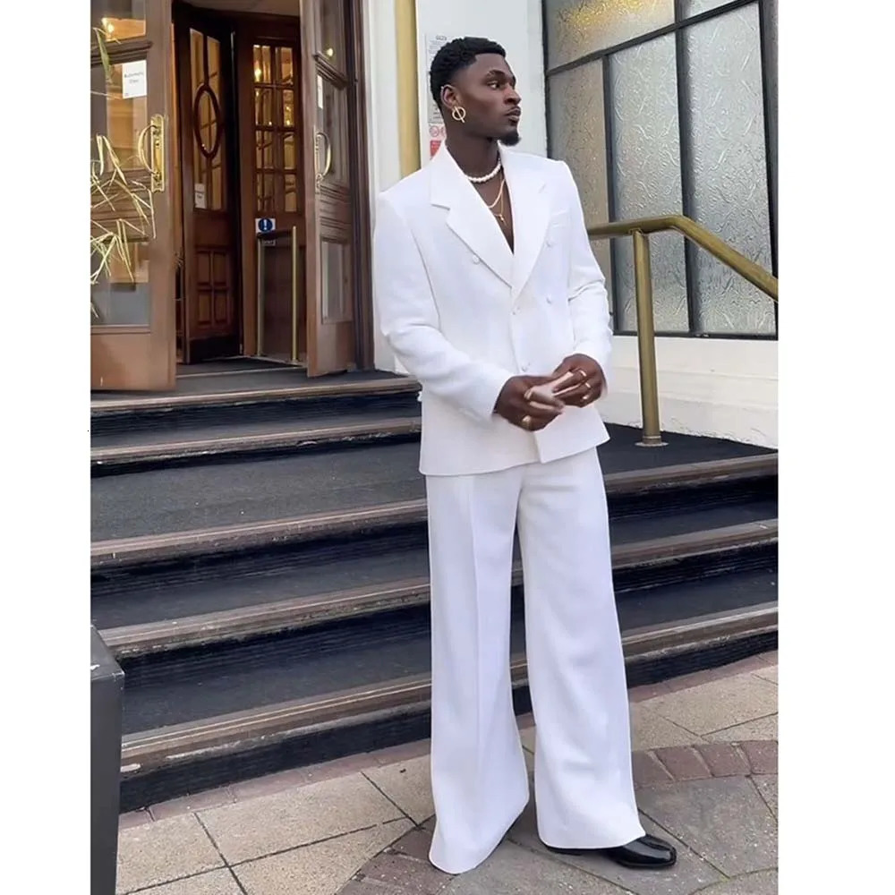 White Suits for Men Double Breasted 2 Pieces Jacket Pants Blazers Sets Smart Banquet Party Business Male Clothing 250807