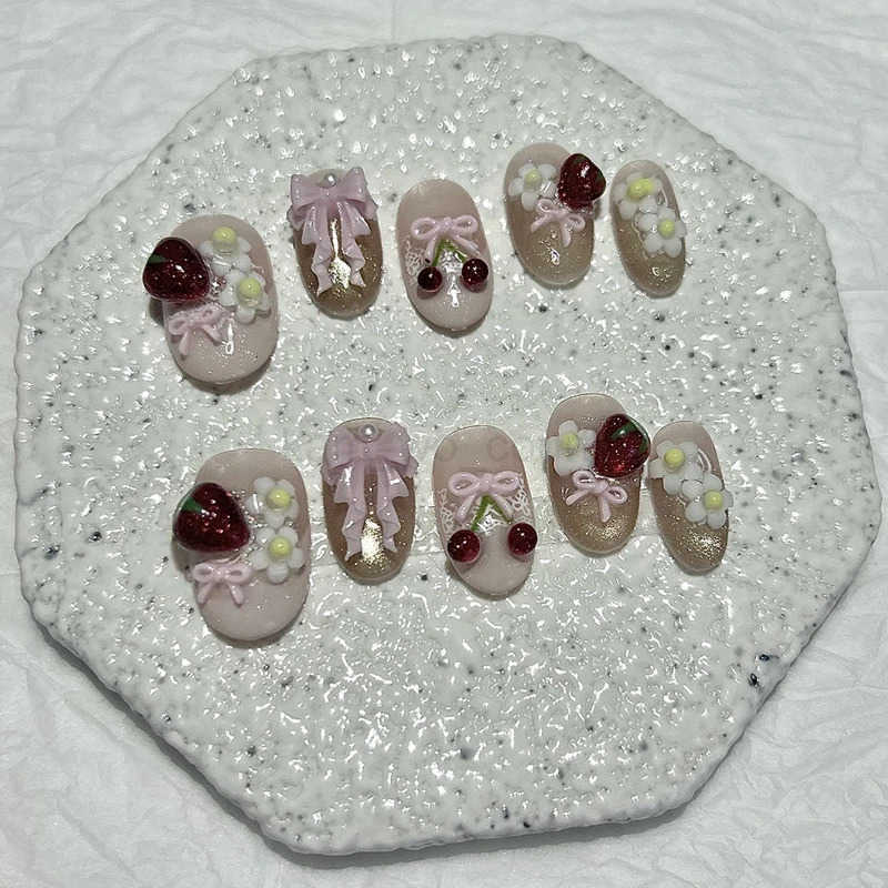 10 Pieces Summer Cute Sweet Style Handmade Press On Nails 3D Bow Cherry Strawberry Cat Eye Fake Nails Removable Reusable M250807
