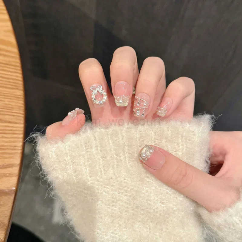 10Pcs Pink Handmade Press on Nails Fake Nails with Pearl Design Wearable Stick-on Nails Full Cover False Nail Uas Postizas Nail Tips M250807