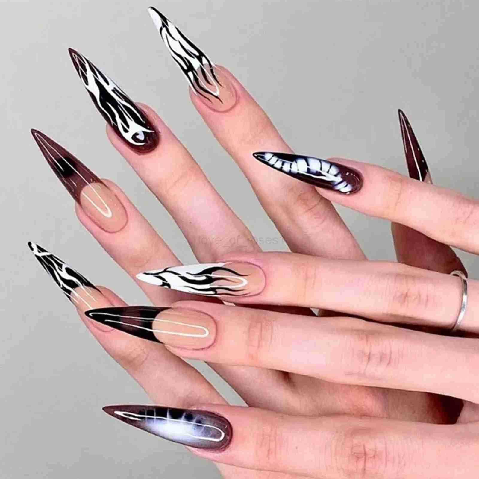 24pcs Long Pointed False Nails European Halloween Fake Nail Patch Full Cover Wearable Ghost Pattern Design Press-on Nails Z250807