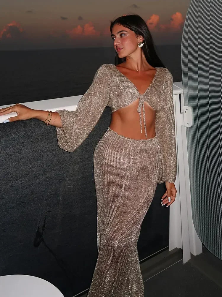 Sexy Metallic Gold Tank Top Long Skirt Knit 2 Piece Wrap Hip Long Skirt Knit 2 Piece Set Vacation Club Party Girl Clothing K128 250804