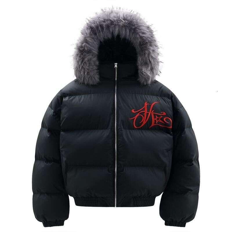 Gothic Letter Embroidered Fur Hooded Cotton Jacket Men's Trendy Winter Thickened Hat Detachable Stand Up Collar Coat