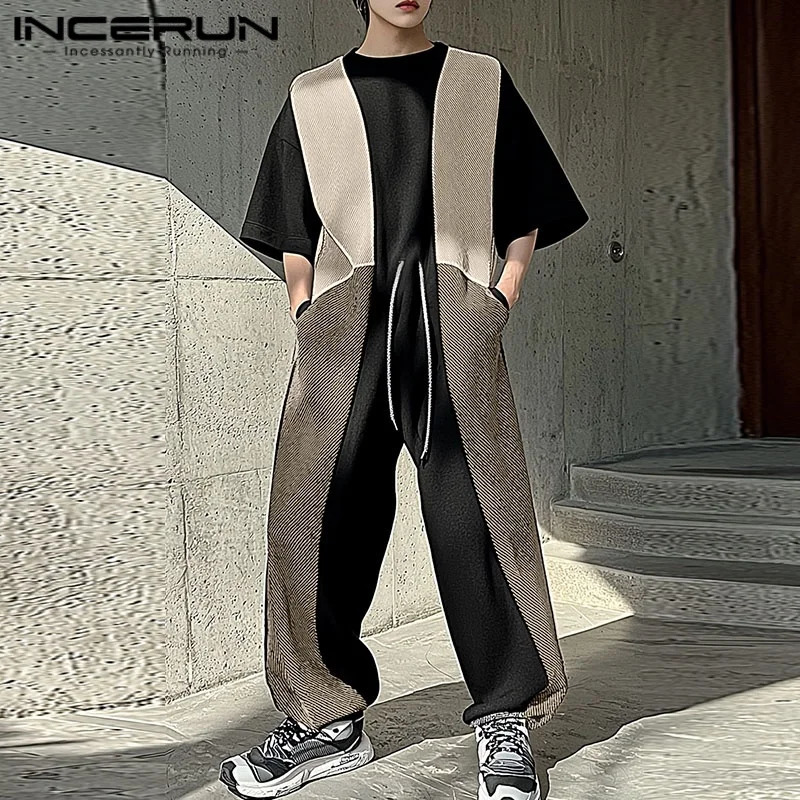INCERUN 2025 Korean Style Rompers Fashion Men Spliced Contrast n Overalls Casual Streetwear Male Loose Simple Jumpsuits 250804