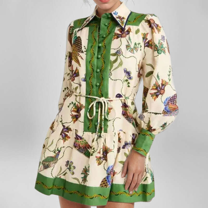 New Women's Clothing Lace-Up Printed Turn-Down Collar Long Sleeve Pleated Dress B5 h7