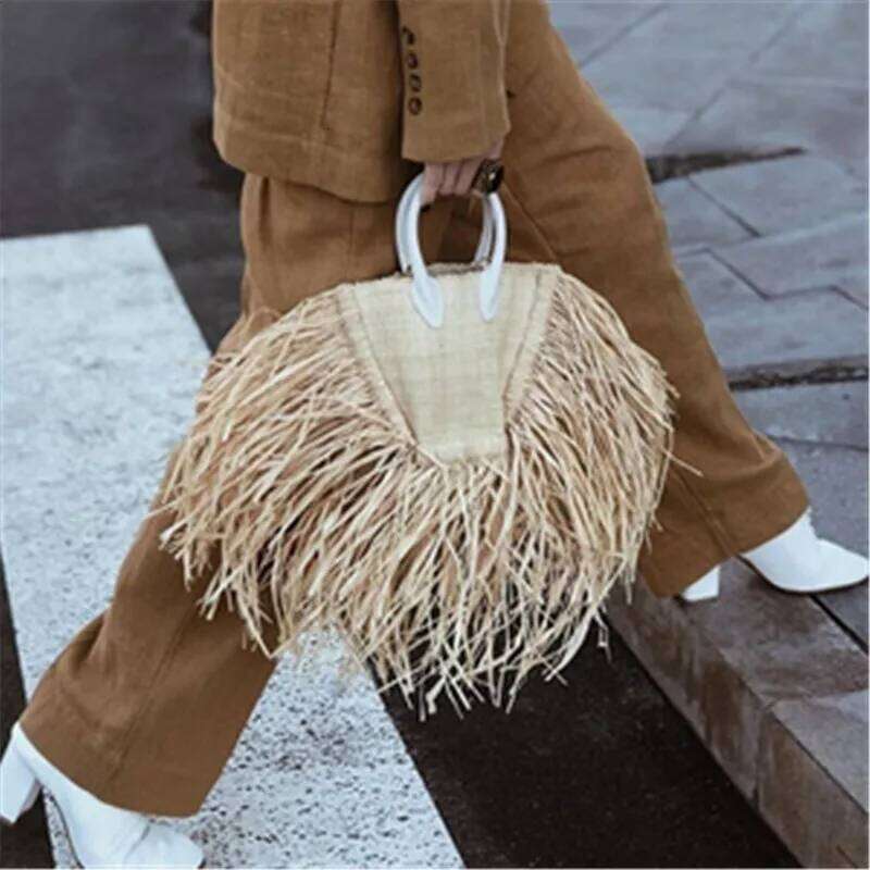 Brand Tassel Raffia Straw Beach Woven Shoulder Bag Raffia Circle Rattan Bags Bohemian Summer Vacation Casual Bag