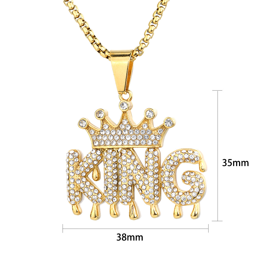 Hip Hop Crown KING Pendant Necklace Stainless Steel Gold Plated Zircons Jewelry