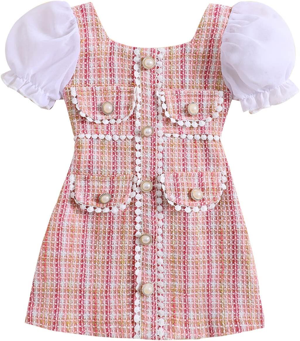 Toddler Baby Girls Tweed Plaid Dress Square Neck Puff Short Sleeve Fake Pockets Elegant Party Clothes
