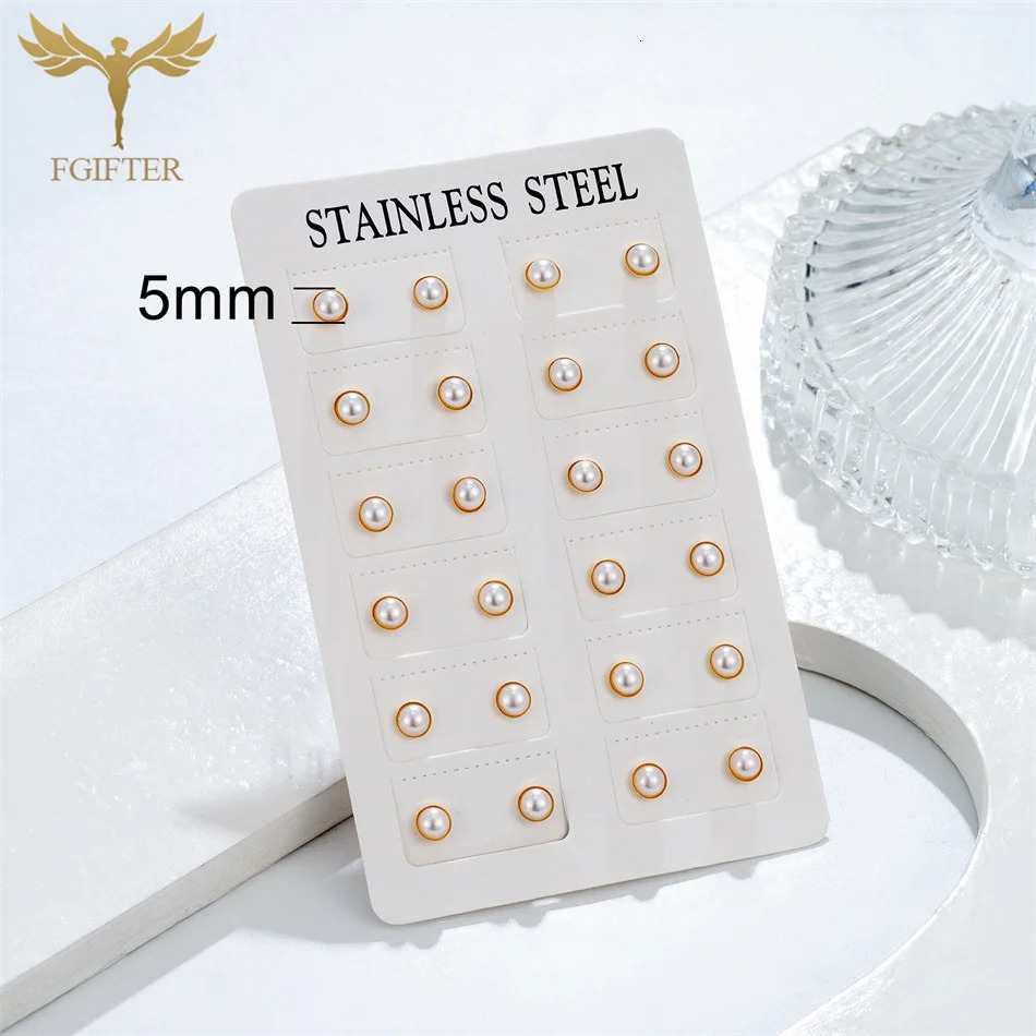 12 Pairs Pack Golden Stainless Steel Stud Earings for Women 5-10mm Half Artificial Pearl Earrings Set piercing acier inoxydable 250805