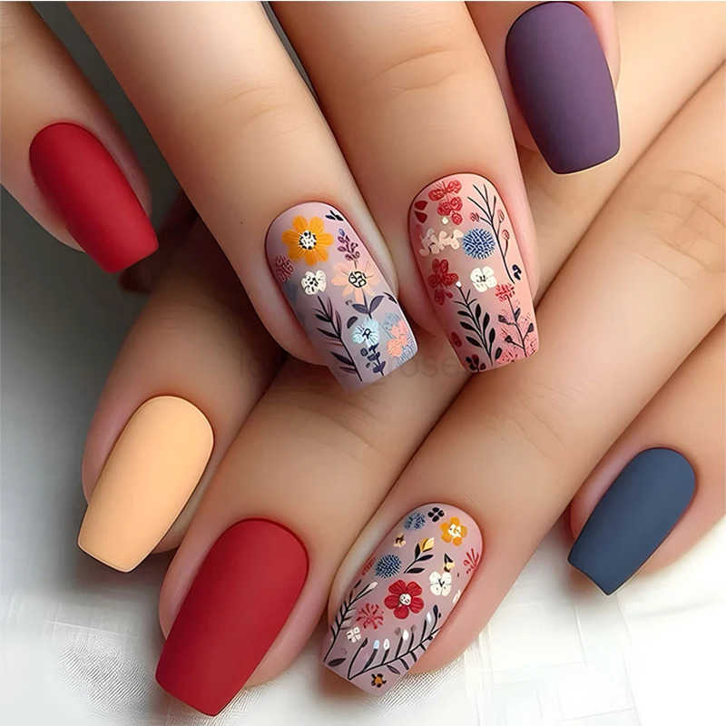 24pcs/set Medium long fake nails for women peach flowers heart for Spring summer Square faux nails press on false nail art tips Z250807