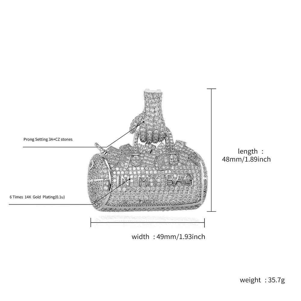 Hip Hop IN MY BAG 3D Handbag Pendant Necklace 5A Zircon Real Gold Plated Jewelry