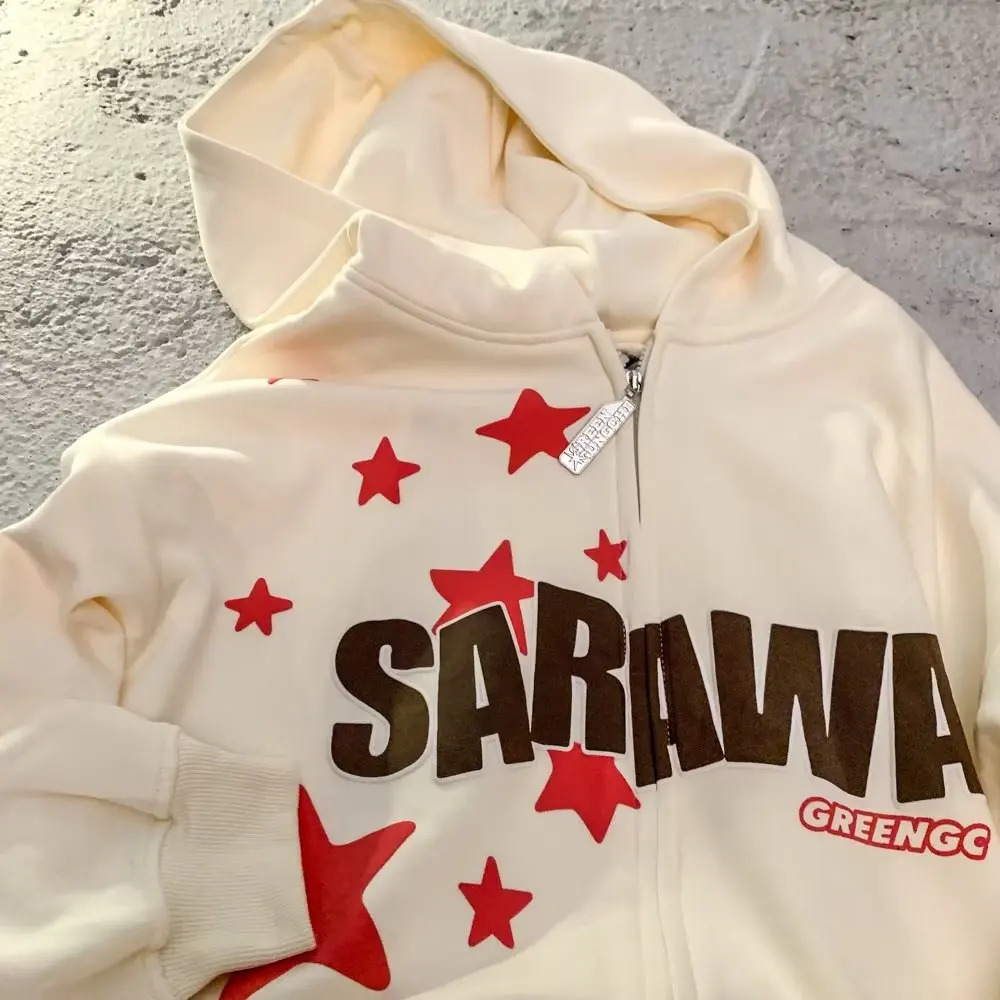 y2k Star Letter Print Hoodies Zipper stitching Autumn Loose Top Couple Fashion Retro Sports Trend Clothing Cardigan Jacket 250804