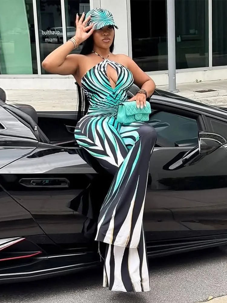 Streetwear Fashion Printed Women Jumpsuits Sexy Halter Bandage Hollow Out Striped Skinny Flare Pants Rompers Female 250807