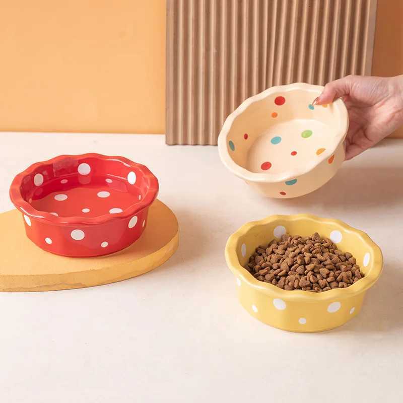 Ceramic Pet Bowl with Polka Dot Design - Non-Slip Cat Food Dish for Small Dogs Easy Clean Durable Cat/Dog Feeding Bowl Y250806