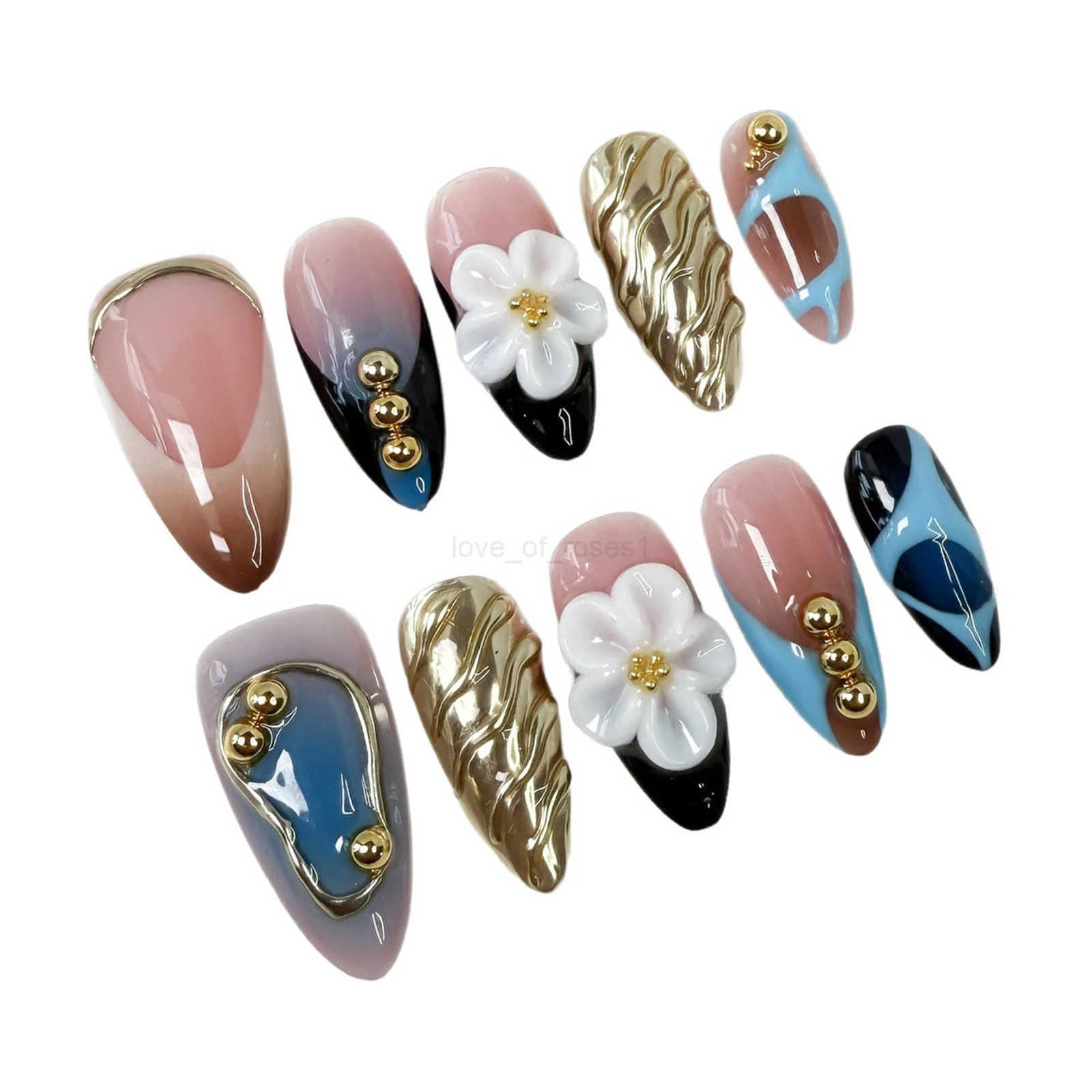 10pcs Blush Almond Handmade Press On Nails 3D White Flower Baroque Style False Nails Summer French Tip Sweet Cool Fake Nails Z250807