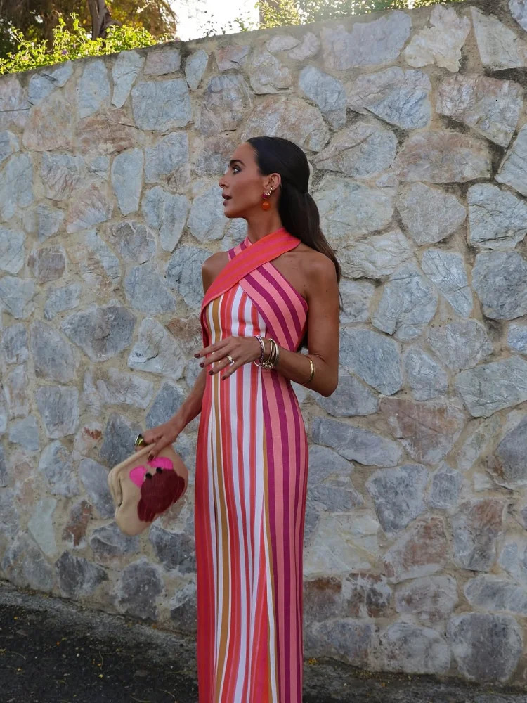 Contrast Color Stripe Sleeveless Halter Dress Summer Women Backless Lace Up Slim Long Dresses Lady Highstreet Party Robes 250728