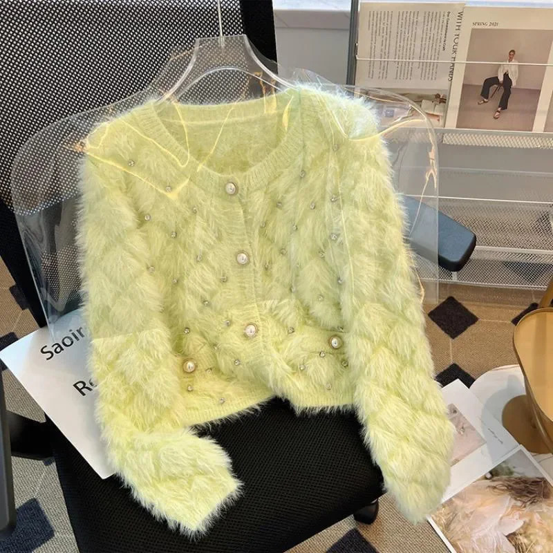 Fashion Bead Mink Sweater Women Knitted Cardigan Autumn Winter Long Sleeve Short Loose knitwear Female Tops W727 250804