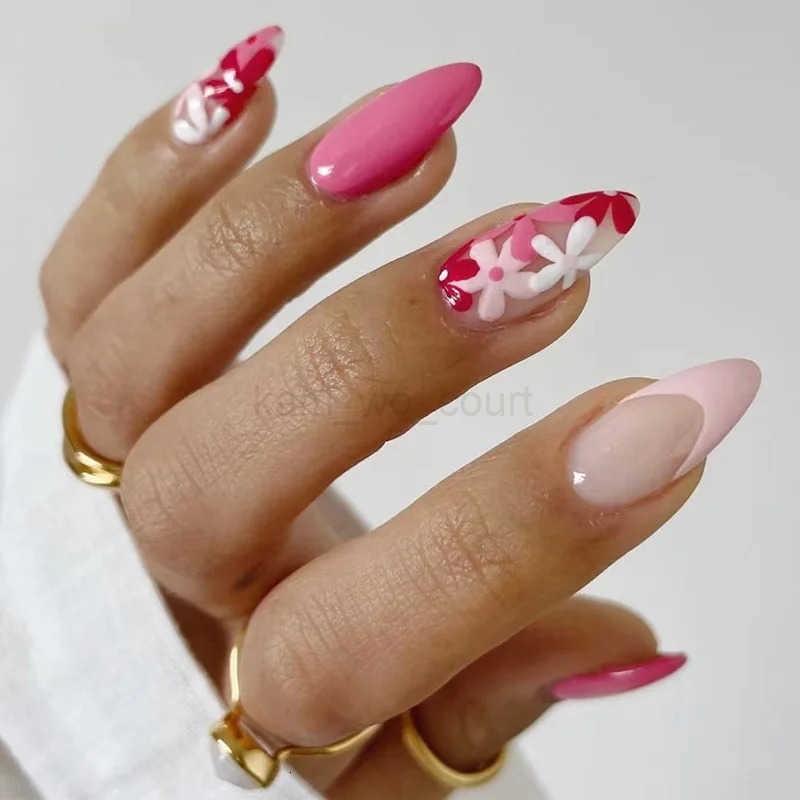 24pcs Red Flower Design Stick on Nail Art French Oval Fake Nail Finished Short Almond False Nails Detachable Press on Nails Tips M250807