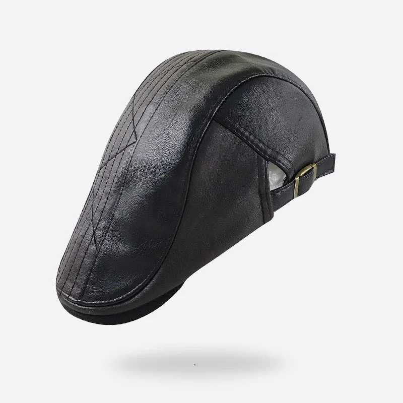 PU Leather Beret Hats for Men Autumn Winter Faux Leather Herringbone Visor Middle-aged Mens Warm Flat Peaked Adjustable XJ250807