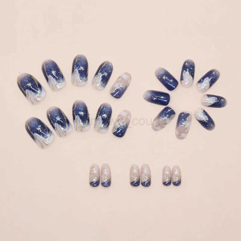 24pcs Smudging Blue False Nails Gentle Almond Gold Star Patterns Press On Nails Romantic Wearable Fake Nails Spicy Girl Manicure M250807