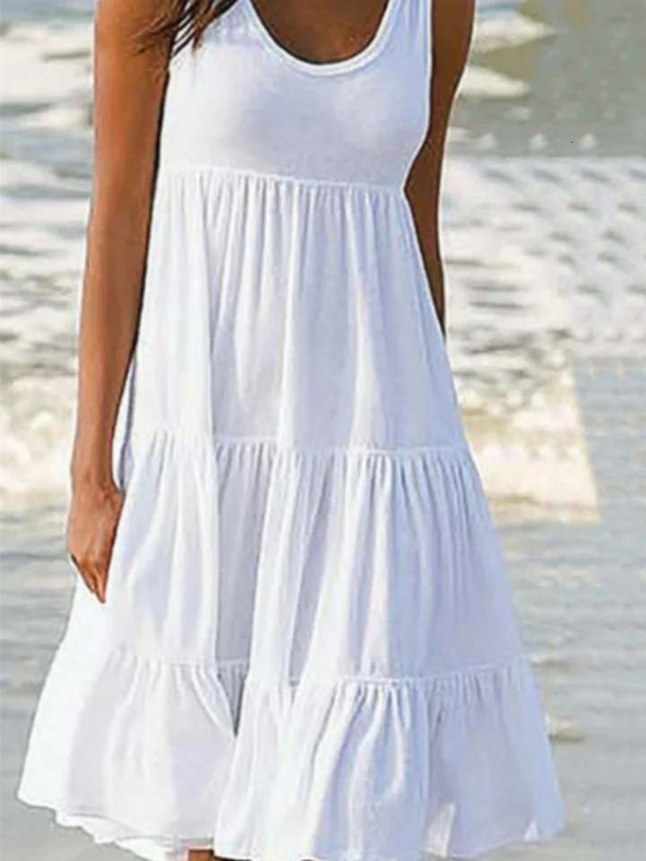 Fashion Summer Beach Sleeveles Dress Oneck Casual Elegant Loose Solid Color Dresses 250807