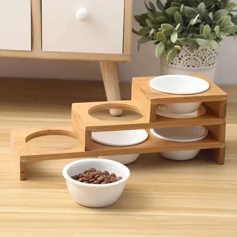 Hot Sale Cat Dog Feeders Bowls Bamboo Tableware Ceramic Pet Food Water Bowl High Grade Antiskid Pet Supplies Dog Cat Bowl Y250806
