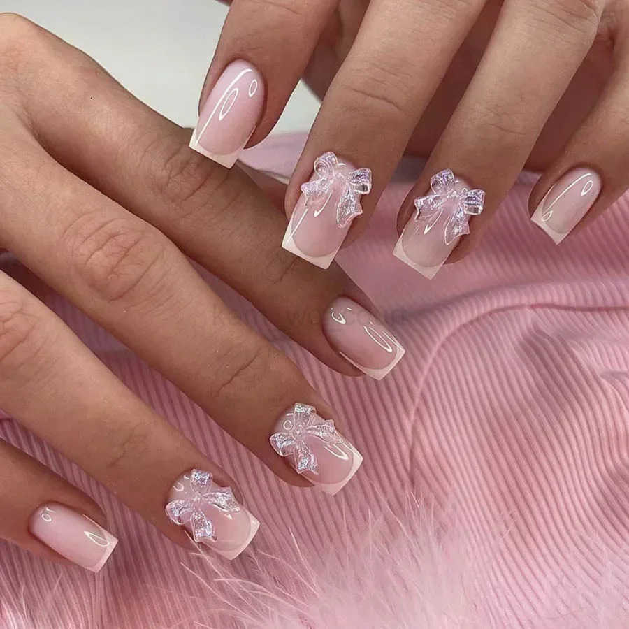 24pcs Short Square French Fake Nails with Pearl Bow Acrylic Pink False Nail Art Removable Press on Fake Nails Full Cover Nail Tips M250807