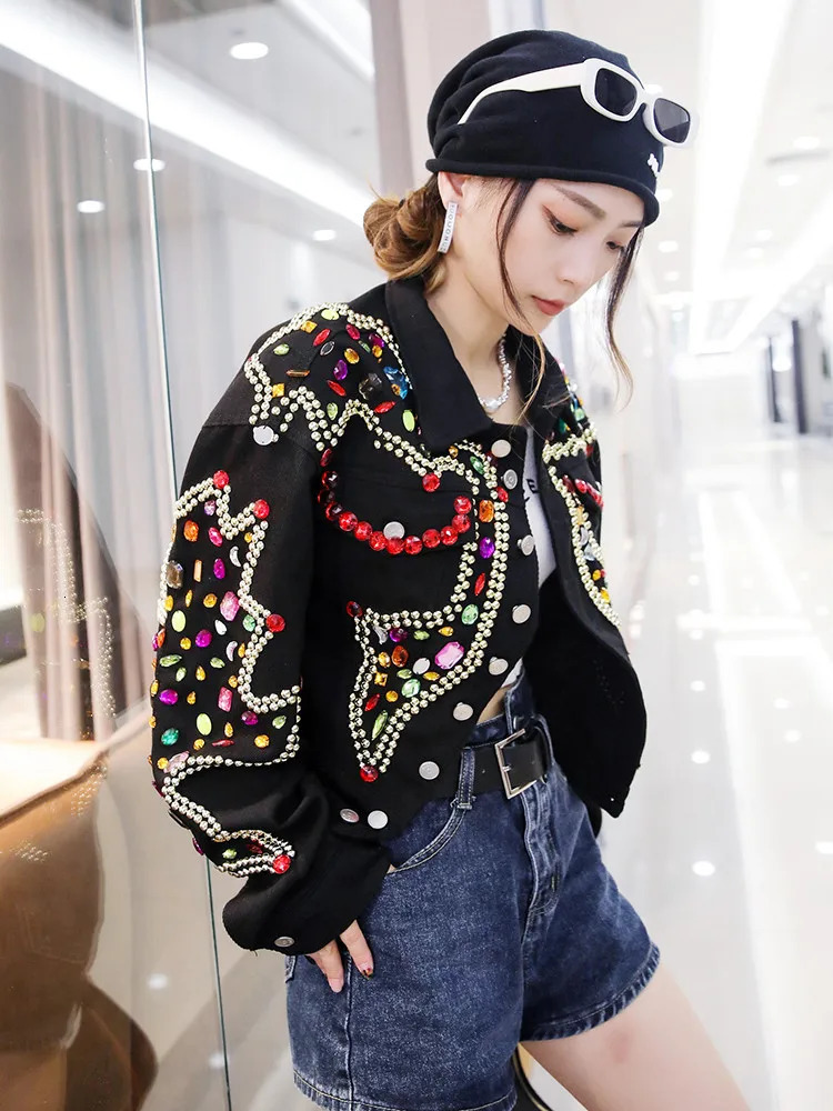 Diamonds Beaded Denim Jacket Rhinestones Sequins Jeans Coat Autumn Short Crystal Rivets Cardigan Chaqueta Streetwear Tops 250804