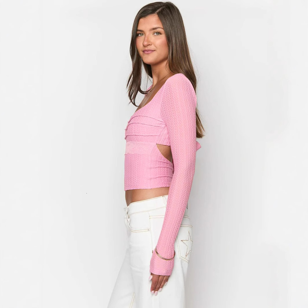 New Lace Patchwork Square Neck Slim Fit Long Sleeve T-Shirt Women's Base Shirt Backless Tie Top