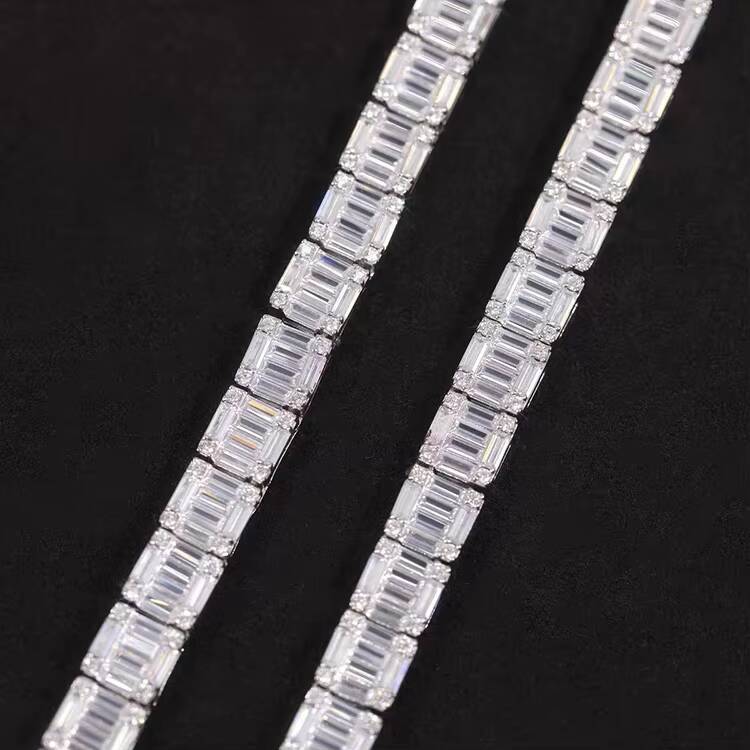 Custom Wholesale 925 Silver 8MM Necklace Baguette CZ Cubic Zirconia Iced Out Cuban Link Chain Hip Hop Jewelry