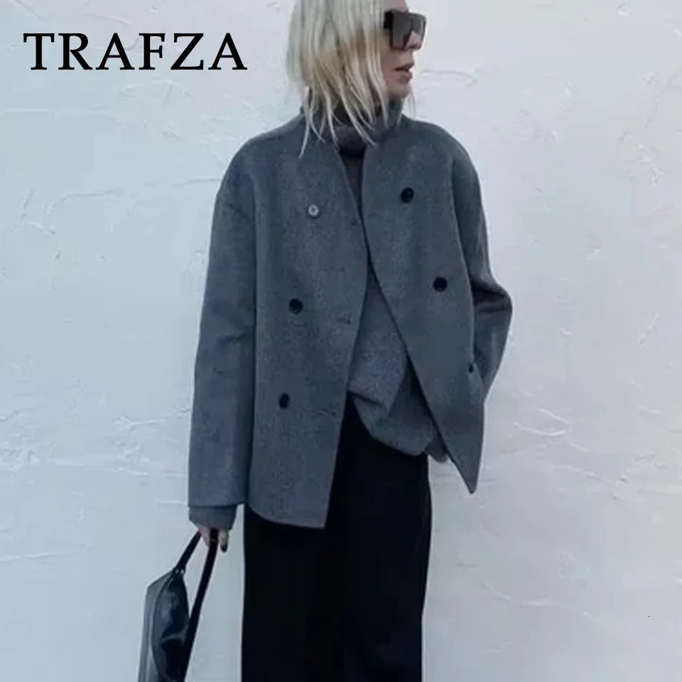 TRAFZA Autumn Winter Women Casual Solid Woolen Coat Fashion Office Lady Loose Double Breasted Turtleneck Demi-season Jacket 250805
