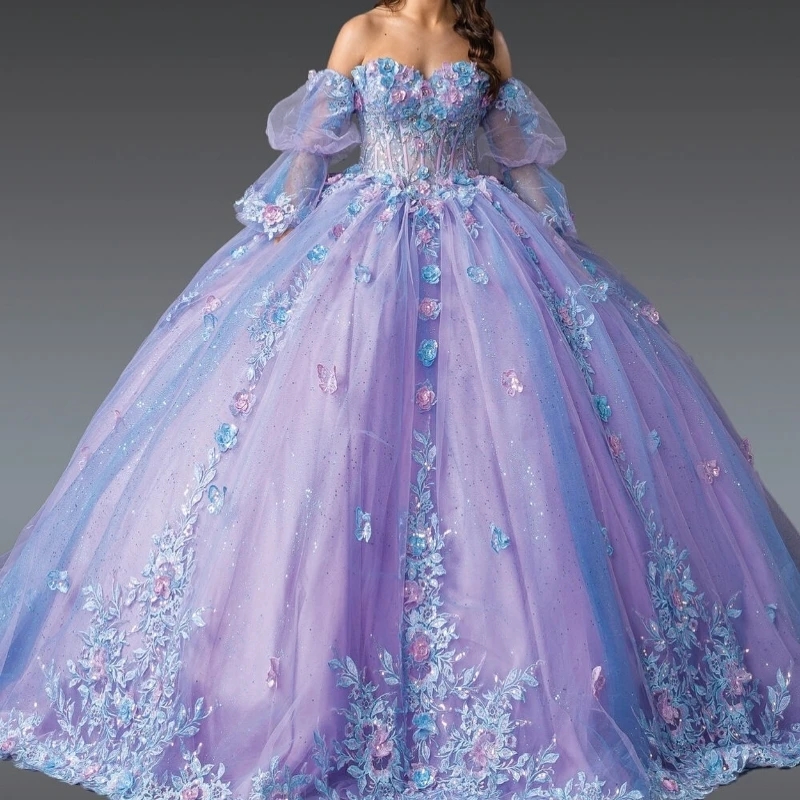 Sky Blue Shiny Quinceanera Dresses Ball Gown Off The Shoulder Applique Flower Bow Beads Lavender Lining Tull Party Birthday Sweet 16 Dress Vestidos De