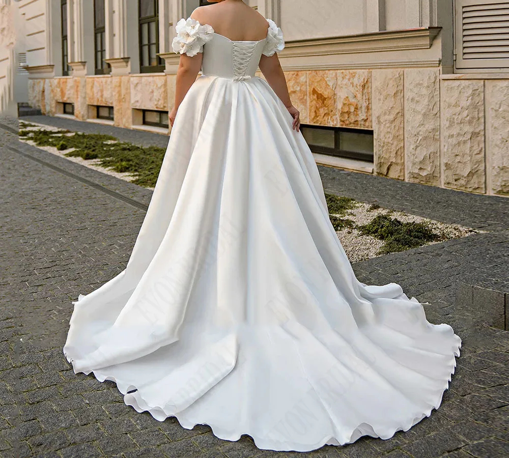 Sexy Wedding Dresses Plus Size Satin A-Line Lace Up Vestidos De Novia Off Shoulder V Neck Side Split Bridal Gowns