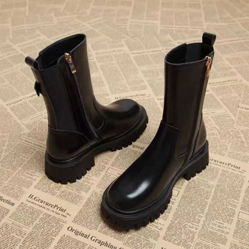 Womens Half High Boots Round Toe Chelsea Ladies Mid Calf Shoes Middle Heel Brown Footwear Spring Autumn Sale Gothic Demi-seas XJ250807