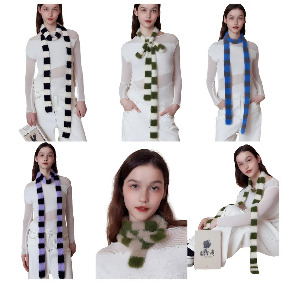 Striped Plush Scarf Womens Niche Sense Spice Girl Versatile Decoration Korean Version Thin and Narrow Long Scarf 250806