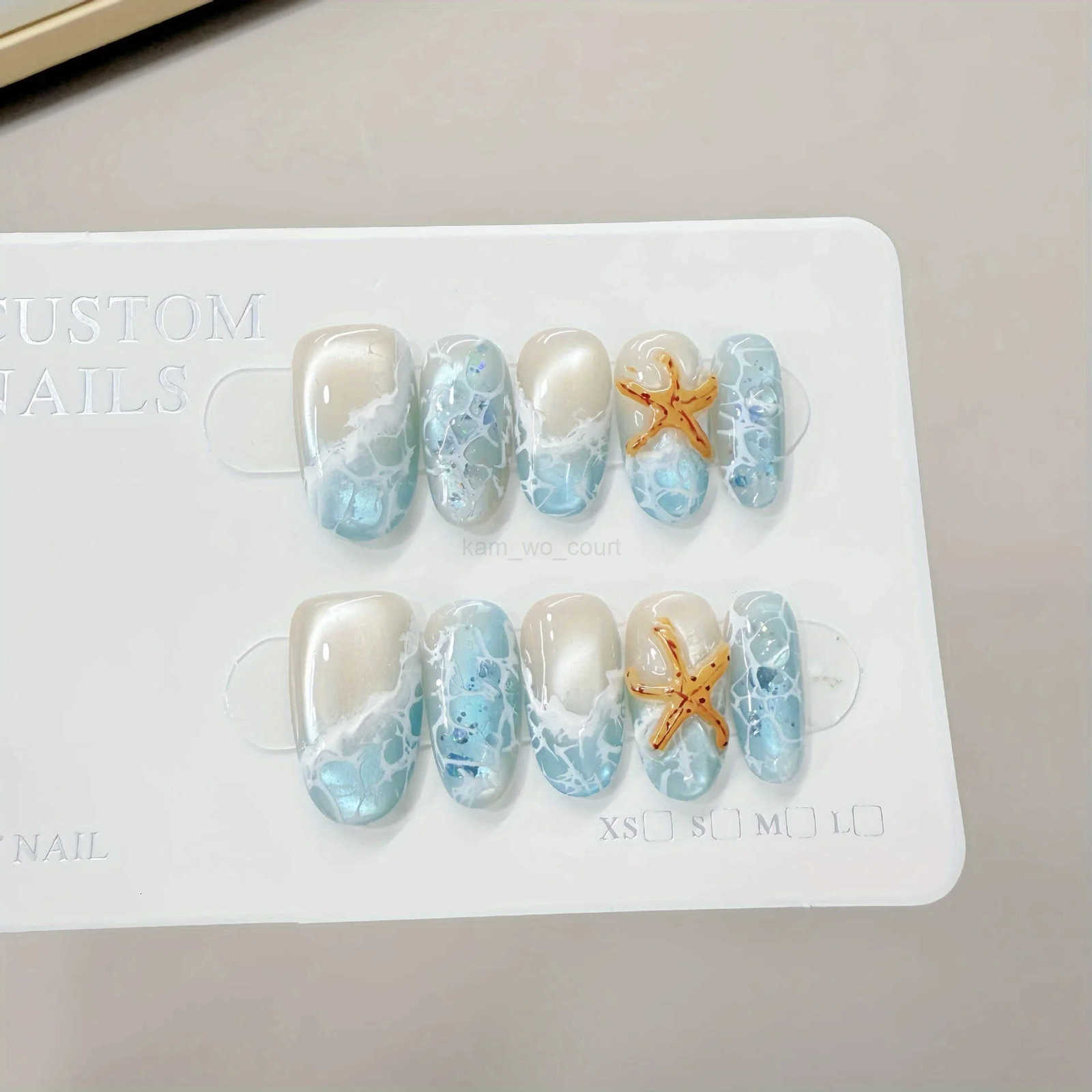 10pcs Handmade Press-on Nails Summer Wave Ripple Starfish Full Coverage Nail Tips for Women Girls Detachable Wearable Nails M250807