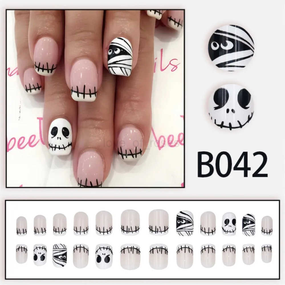 24Pcs Halloween French Design Press on Nails Short Square Ballet False Nails Ghost / Skull Full Cover Wearable Coffin Fake Nails Z250807