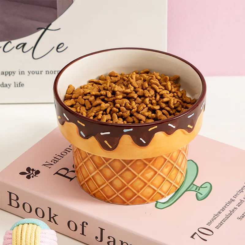 Ice Cream Cat Bowl Ceramic Cat Food Bowl Big Mouth Protection Cervical Neck Dog Bowl Hight Foot Pet Feeder Y250806