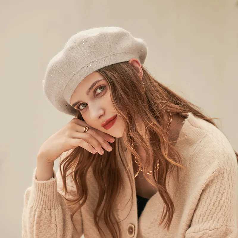Elegant Retro Knitted Beret Hats Women Ladies Sequins Knit Painter Berets Fashion Artist French Berets Solid Color XJ250807