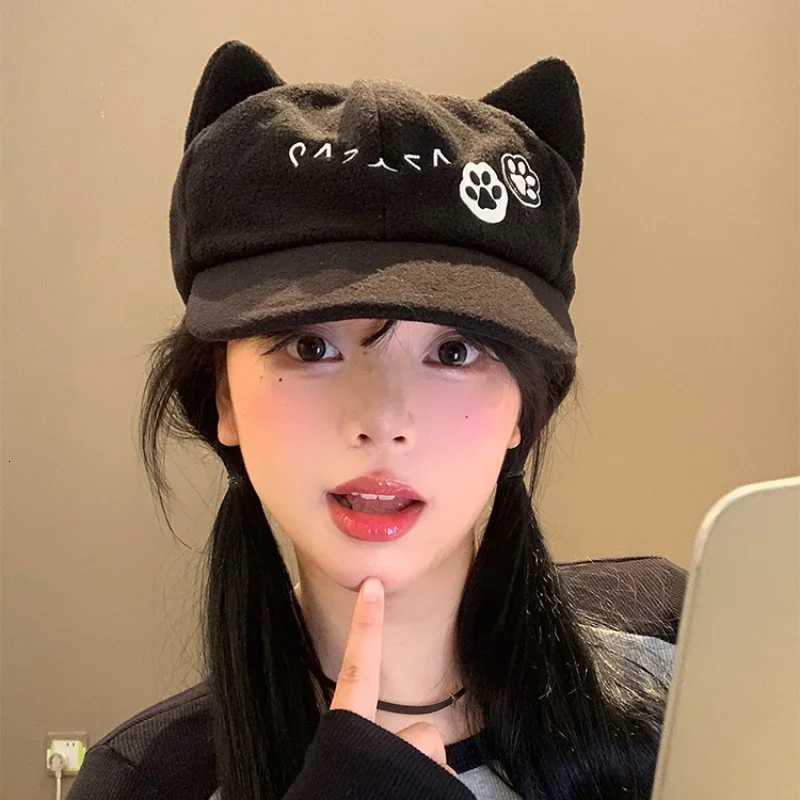 Janese Cute Cat Ears Berets Cs for Women Summer Autumn Travel Versatile Sunscreen Casual Retro Black Newsboy Hats Y2k XJ250807