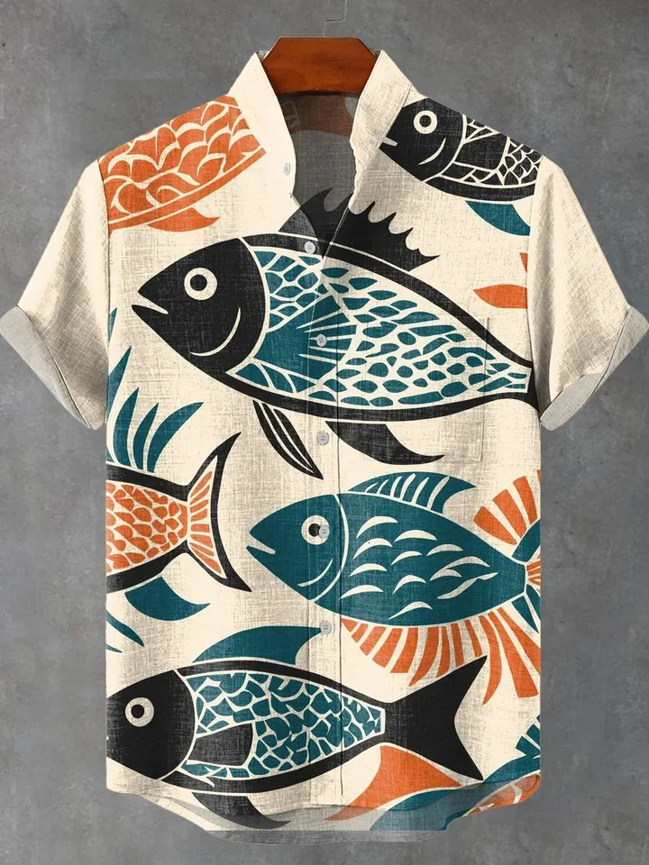 2025 Summer Blue Fish Line Retro 3D Printed Casual Fashion Mens Short sleeved Stand up Collar Shirt 250807